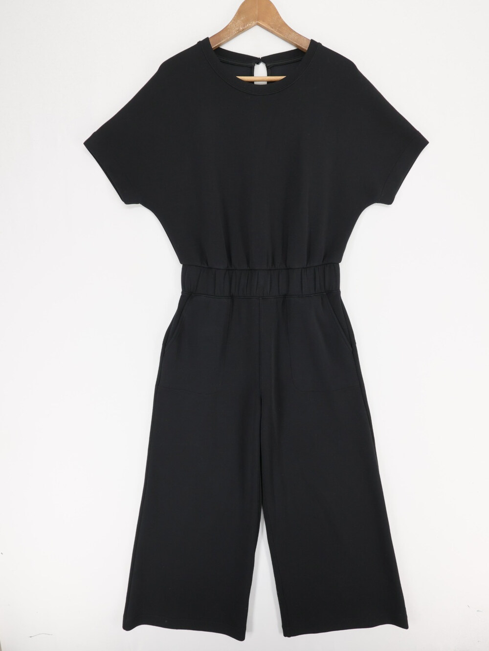 Spanx AirEssentials Jumpsuit Womens M Black Cropped Wide Leg Short Sleeve